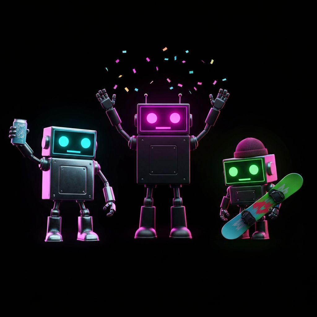 Three PartyBot5000 crew members — a sender bot holding a beer, a host bot mid-celebration, and a shredder bot with a snowboard.