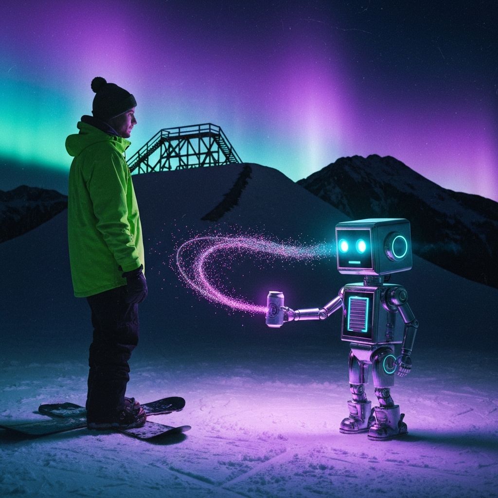 A snowboarder in a neon green jacket faces PartyBot5000 under an aurora sky, the robot offering a glowing beer